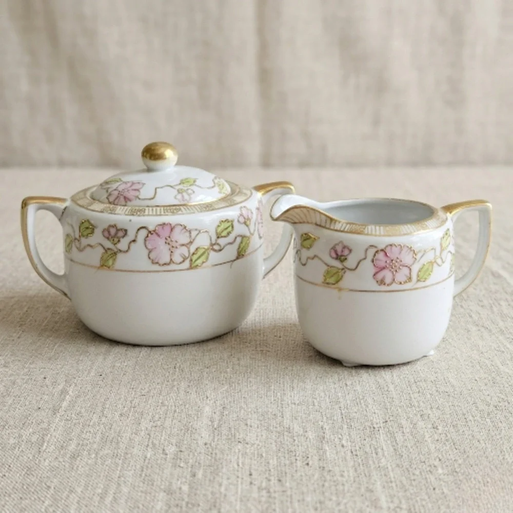 Antique Japanese Nippon Porcelain Cherry Blossom Creamer & Covered Sugar Bowl